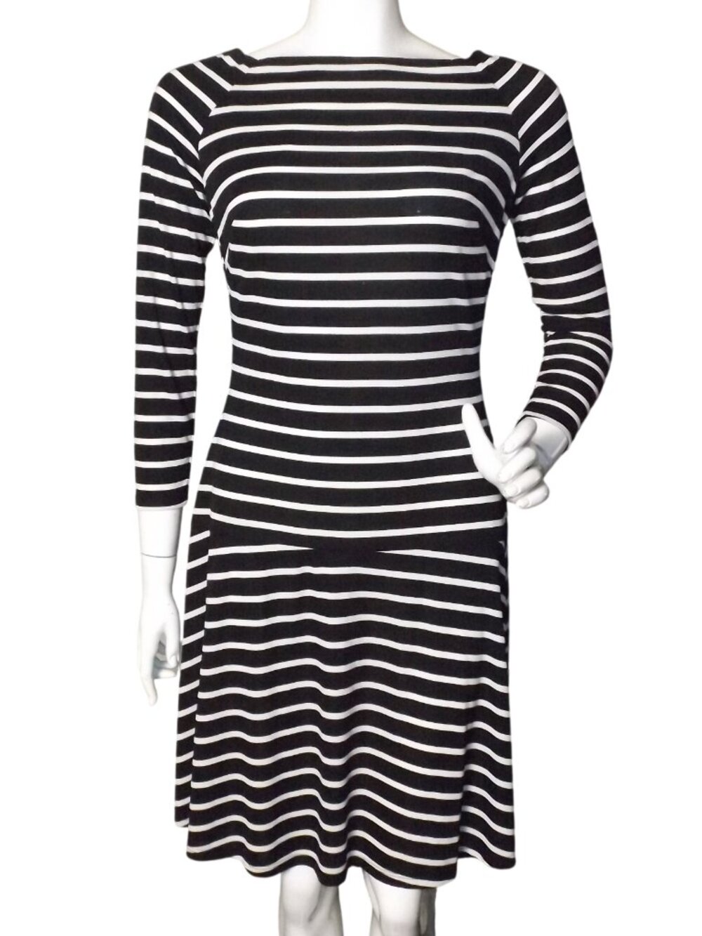 LAUREN RALPH LAUREN Dress, 4, Black/White stripe, 3/4 sleeve, A-line, poly blend